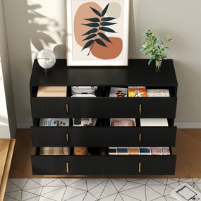 Bufet cu 6 sertare, mânere și picioare aurii, textură ondulată, 120x40x77 cm, Negru+Aurii