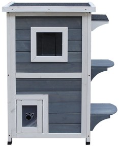 PawHut Cușcă Animale Companie Exterior 2 Nivele Lemn Gri și Alb 51x51x81.3cm | Aosom Romania