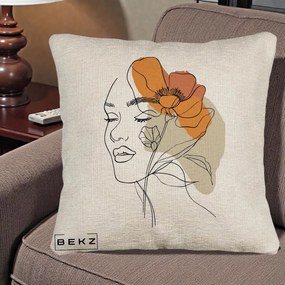 Perna Decorativa Portret Feminin Mac Mare Portocaliu, 40x40 cm, Bej Canapea, Husa Detasabila, Perna Inclusa, BEKZ®