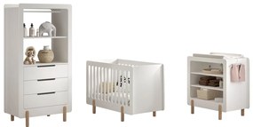 Set mobilier pentru copii SMILE, alb, pat 60 x 120 cm cu bare robuste și bază reglabilă, masă de schimbat cu trei rafturi deschise și dulap cu suport