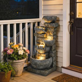 Outsunny Fântână de exterior din rășină, 5 niveluri, fântână de grădină cu iluminare LED, pompă, aspect piatră 34 x 36 x 80 cm | Aosom Romania