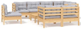 3096519 vidaXL Set mobilier de grădină cu perne gri, 9 piese, lemn masiv pin
