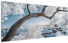 Tablou cu copac înzăpezit lângă apă (120x50 cm)