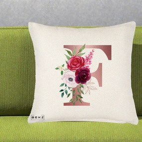 Cadou Personalizat - Perna Personalizata Monograma Rose Gold Litera F, 40x40 cm, Crem Reliefat, Husa Detasabila, Perna Inclusa, BEKZ®