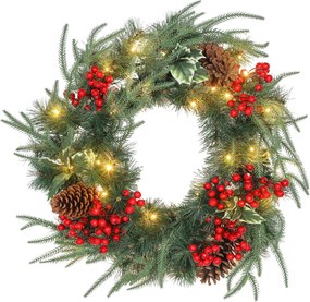 HOMCOM Ghirlandă de Crăciun de 60 cm cu Lumini LED Albe, Coroană de Crăciun cu Temporizator, 170 de Ramuri, Conuri de Pin, Boabe și Vâsc, Decor de Crăciun pentru Ușă și Fereastră, Verde | Aosom Romania