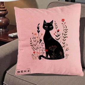 Perna Decorativa Pisica Neagra Botanica Rosu-Gri, 40x40 cm, Roz, Husa Detasabila, Perna Inclusa, BEKZ®