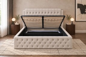 Pat tapițat din catifea Aveline 160×200 cm, crem, cu ladă de depozitare