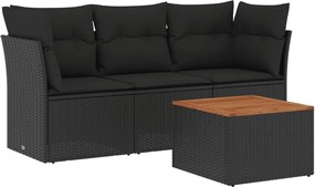 vidaXL Set mobilier de grădină cu perne, 4 piese, negru, poliratan
