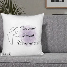 Cadou pentru Cumnata - Perna Personalizata Cea mai Buna Cumnata cu Silueta Dama si Pete Violet, 40x40 cm, Alb Pufos, Husa Detasabila, Perna Inclusa, BEKZ®
