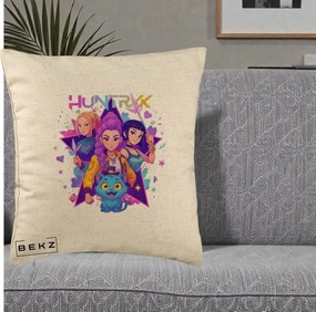 Perna Personalizata K-pop HUNTRX Trio cu Pisica Stele, 40x40 cm, Bej, Husa Detasabila, Perna Inclusa, BEKZ®