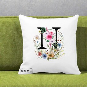 Cadou Personalizat - Perna Personalizata Monogram Litera N cu Flori Acuarela, 40x40 cm, Alba Mata, Husa Detasabila, Perna Inclusa, BEKZ®