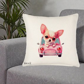 Perna Decorativa Chihuahua Roz in Masinuta, 40x40 cm, Crem Reliefat, Husa Detasabila, Perna Inclusa, BEKZ®