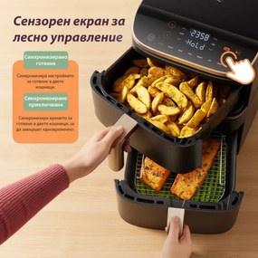Friteuza dubla Cosori Turbo Tower Pro CAF-DC123S, 2630W, 10.8 L, 30-230°C, 7 programe, Sync, Smart, Negru