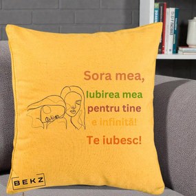 Cadou pentru Sora - Perna Personalizata Sora Mea Te Iubesc Line Art Fete Colorate Brate Ridicate, 40x40 cm, Galben, Husa Detasabila, Perna Inclusa, BEKZ®