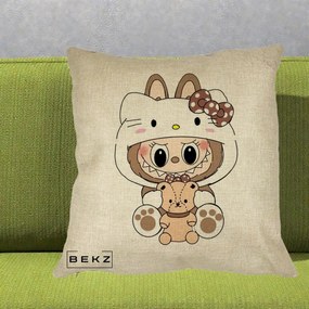 Perna Personalizata Labubu x Hello Kitty Maro-Vintage, 40x40 cm, Crem, Husa Detasabila, Perna Inclusa, BEKZ®