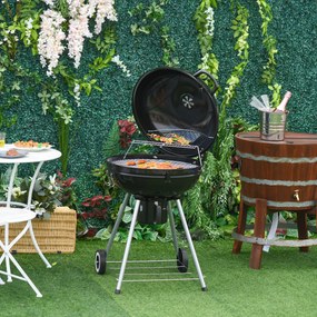 Gratar cu Carbune Capac si Termometru Outsunny, Grilaj Dublu, Metal Negru | Aosom RO