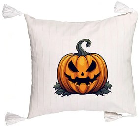 Perna Decorativa cu Franjuri cu motiv Dovleac de Halloween 1, 45x45 cm, Ecru, Cu fermoar