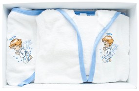 Set de baie pentru bebelusi cu tiv albastru, 3 piese, brodat cu Ingeras, Alb- SDB-05