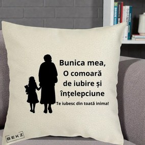 Cadou pentru Bunica - Perna Personalizata Bunica Mea Comoara Iubire Intelepciune Silueta, 40x40 cm, Ecru, Husa Detasabila, Perna Inclusa, BEKZ®