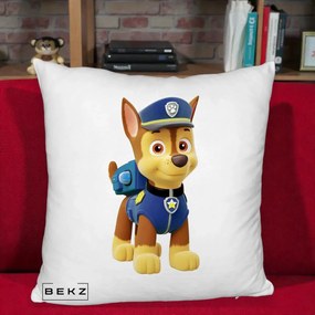 Perna Personalizata Chase PAW Patrol Albastru, 40x40 cm, Alb Pufos, Husa Detasabila, Perna Inclusa, BEKZ®