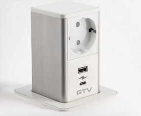 Priză încorporabilă în blat Tower GTV, 1 priză Schuko, USB A + C, alb, D:80 mm Aluminiu/Plastic, Alb, D:80 mm