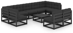 3077223 vidaXL Set mobilier grădină cu perne, 10 piese, negru, lemn masiv pin