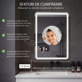 kleankin Oglindă LED, pentru Baie și Machiaj,lumina Reglabilă cu 3 Temperaturi de Culoare, Design anti-aburire, 70x50 cm, Argintiu | Aosom Romania