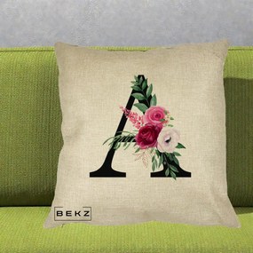 Cadou Personalizat - Perna Personalizata Monograma Florala Litera A, 40x40 cm, Crem, Husa Detasabila, Perna Inclusa, BEKZ®