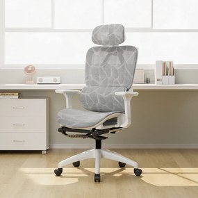 Scaun ergonomic, suport lombar dinamic, tetieră 3D, cotiere 3D, umeras, suport picioare, pivotant, Mesh, Alb/Gri