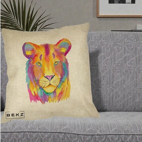 Perna Decorativa Leu Acuarela Curcubeu, 40x40 cm, Crem, Husa Detasabila, Perna Inclusa, BEKZ®