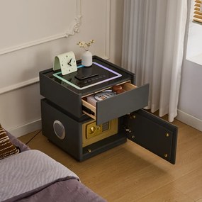 LUNÉA — Noptieră inteligentă cu seif integrat, încărcare wireless, Bluetooth Stereo, iluminare RGB, USB + Type-C și senzor de mișcare, Gri