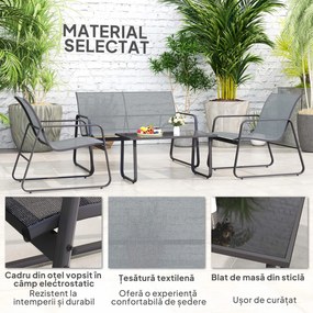 Outsunny Set Mobilier de Grădină din 4 Piese, cu Bancă de Exterior cu 2 Locuri, 2 Scaune și Măsuță de Cafea cu Blat din Sticlă Securizată, Set Mobilier de Exterior din Metal și Textilenă, Gri Deschis | Aosom Romania