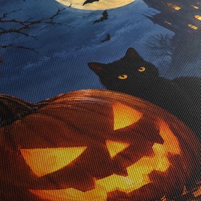 XXL Tablou - Pisică neagră lângă un dovleac luminat de Halloween (150x105 cm)