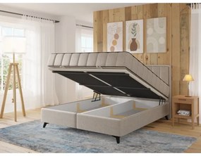 Pat tapițat ALICIA 180x200 cm, bej, cu saltele incluse, topper și spațiu de depozitare integrat