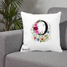 Cadou Personalizat - Perna Personalizata Monogram Litera O cu Flori Acuarela, 40x40 cm, Alba Mata, Husa Detasabila, Perna Inclusa, BEKZ®