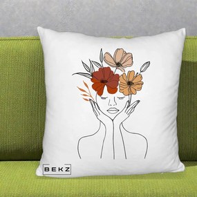 Perna Decorativa Portret Feminin Coroana Trei Flori, 40x40 cm, Alb Pufos, Husa Detasabila, Perna Inclusa, BEKZ®