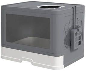 PawHut Litieră pentru Pisici cu Capac Intrare Dublă, Sertar, Lopată Gri | Aosom Romania