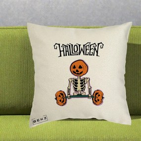 Perna Decorativa Halloween Schelet cu Cap de Dovleac Powerlifting, 40x40 cm, Ecru, Husa Detasabila, Perna Inclusa, BEKZ®