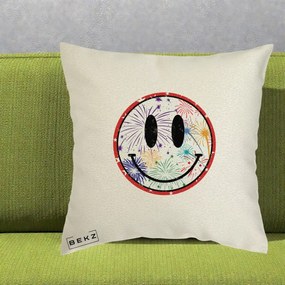 Perna Decorativa Smiley Face cu Artificii Multicolore, 40x40 cm, Ecru, Husa Detasabila, Perna Inclusa, BEKZ®
