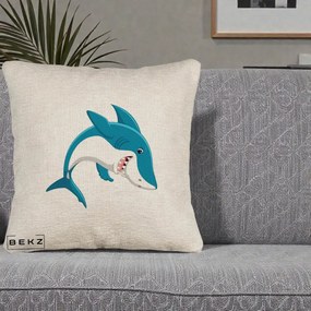 Perna Decorativa Rechin Albastru Cartoon, 40x40 cm, Bej Canapea, Husa Detasabila, Perna Inclusa, BEKZ®