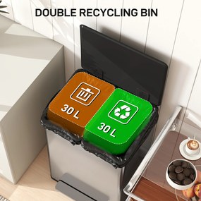 HOMCOM Coș de gunoi dublu cu pedală, 2 găleți de 30L și capac amortizat, gri | Aosom Romania