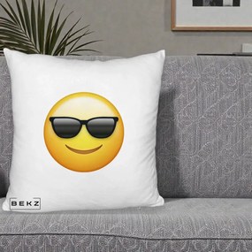 Perna Decorativa Emoji Cool Ochelari, 40x40 cm, Alb Pufos, Husa Detasabila, Perna Inclusa, BEKZ®