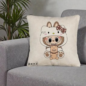 Perna Personalizata Labubu x Hello Kitty Maro-Vintage, 40x40 cm, Bej Canapea, Husa Detasabila, Perna Inclusa, BEKZ®