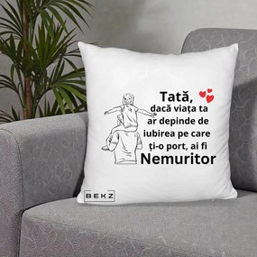 Cadou pentru Tata - Perna Personalizata Tata Supererou Nemuritor, 40x40 cm, Alb Pufos, Husa Detasabila, Perna Inclusa, BEKZ®