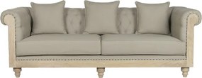Canapea Chesterfield 3 locuri din stofă gri, cu cadru din lemn de tec la vedere și ținte decorative, 79 x 225 x 87 cm, „Classic”