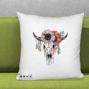 Perna Decorativa Craniu Boho Floral, 40x40 cm, Alb Pufos, Husa Detasabila, Perna Inclusa, BEKZ®