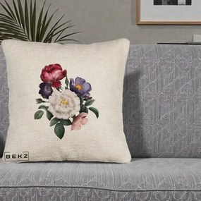 Perna Decorativa Buchet Trandafiri Bujori Botanical, 40x40 cm, Bej Canapea, Husa Detasabila, Perna Inclusa, BEKZ®