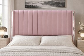 Pat tapițat din catifea Aurelia 160×200 cm, roz, detalii argintii, cu ladă de depozitare