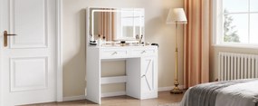 Masuta machiaj cu Oglinda LED si 2 Sertare pentru Cosmetice, Set Masa toaleta 90 cm, Alb, masuta cosmetica, vanity - SEA498