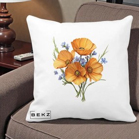 Perna Decorativa Maci Portocalii cu Floricele Albastre, 40x40 cm, Alba Mata, Husa Detasabila, Perna Inclusa, BEKZ®
